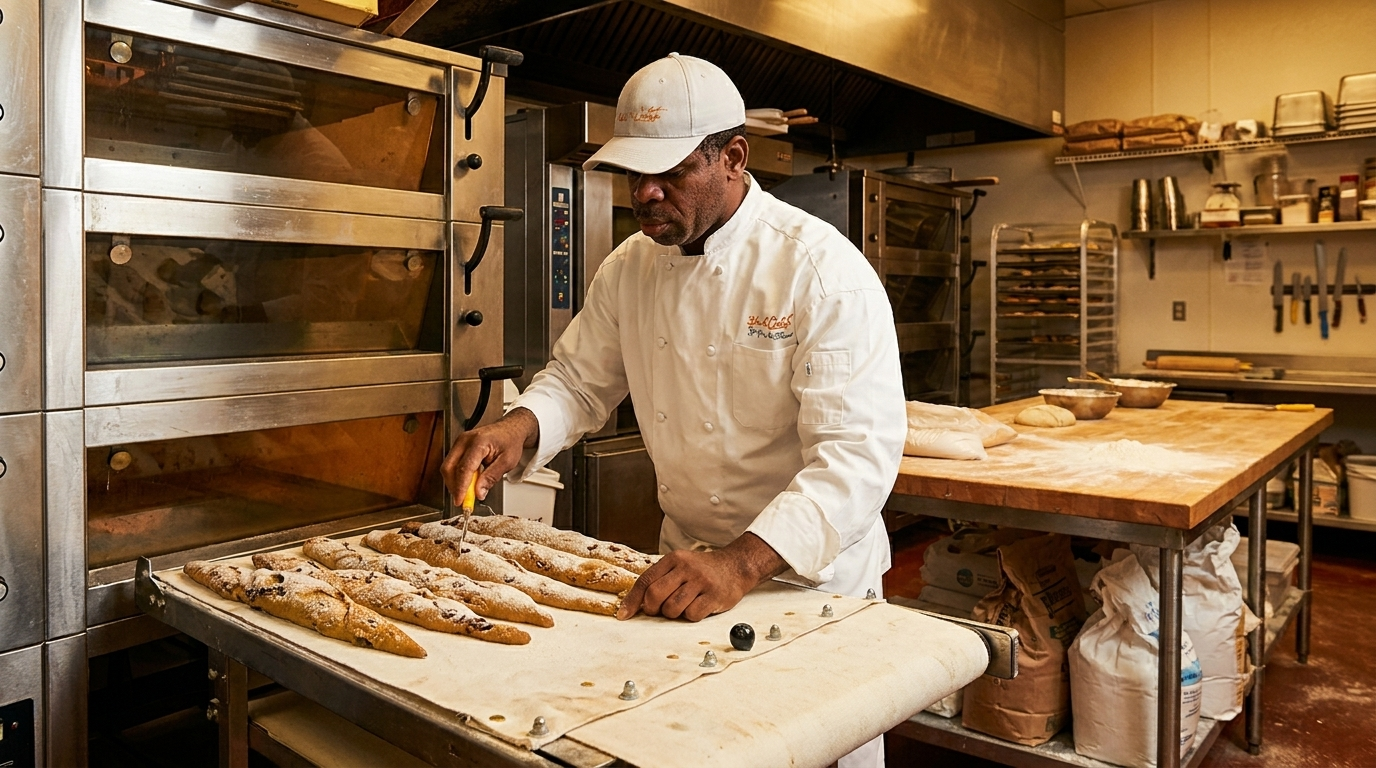 Chef Godfrey McKenzie with a rack of fresh baguettes at Dolce & Ciabatta