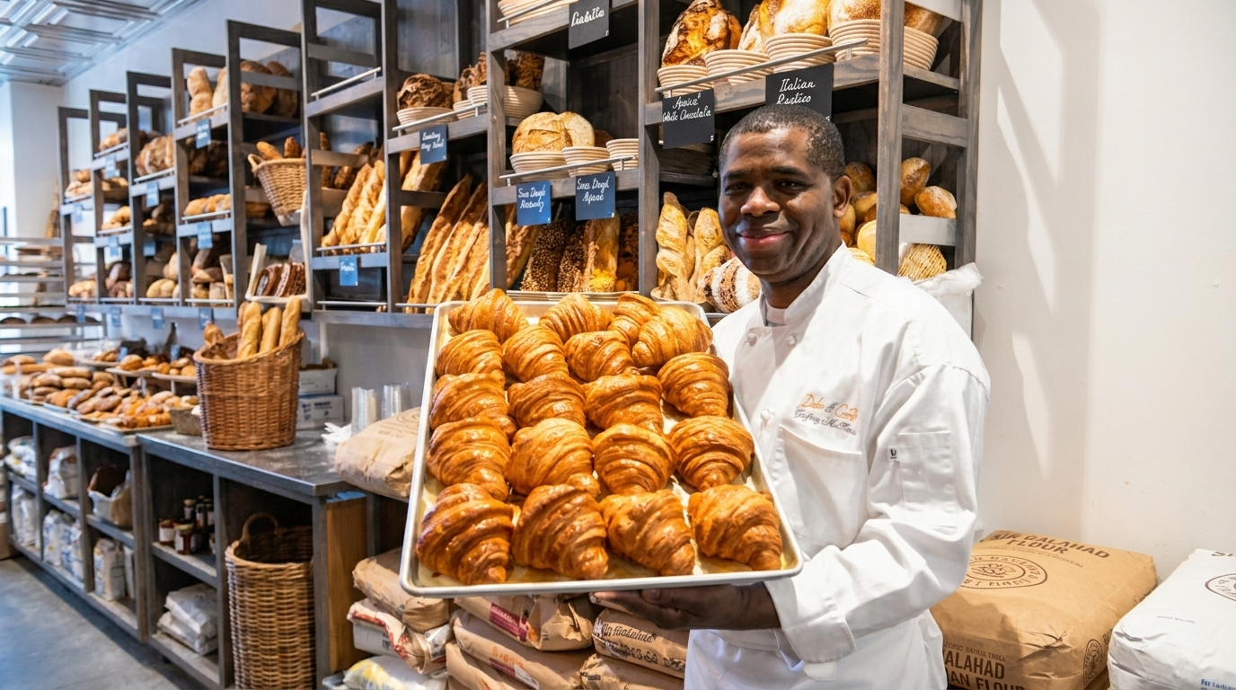 Chef Godfrey McKenzie at Dolce & Ciabatta, holding a tray of fresh croissants